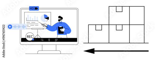 Logistics concept. Logistics combining video presentations and data monitoring for operational efficiency. Logistics enhancing processes and supply chain management. For e-commerce, productivity