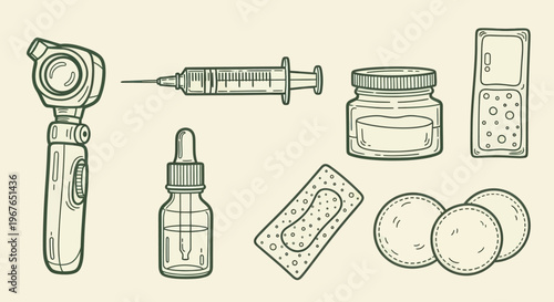 Collection of Medical Instruments and Supplies Hand Drawn Illustration.