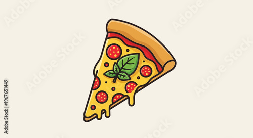 A slice of pepperoni pizza with basil topping.