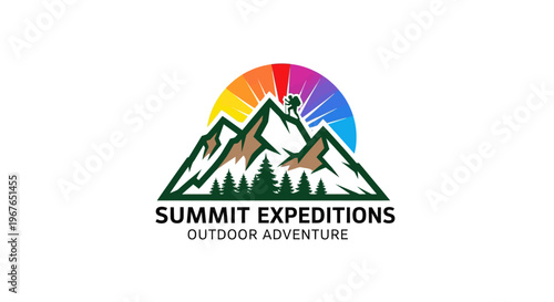 Mountain climbing logo with colorful sun and trees