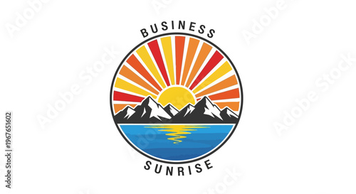 Business Sunrise Emblem with Mountains and Lake Reflection