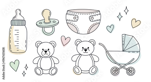 Cute Baby Items Collection Hand Drawn Style.