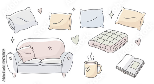 Cozy Living Room Scene with Sofa Pillows Blanket and Book.