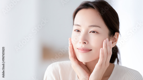 頬に両手を当てて微笑む日本人の中年女性（スキンケア）