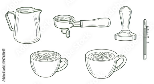 Espresso Coffee Making Tools and Latte Art Cups Collection.