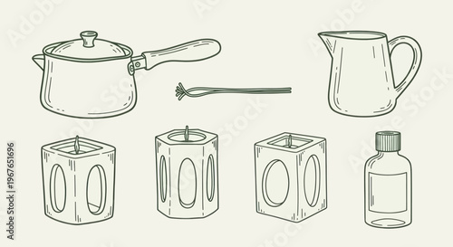 Hand Drawn Candle Making Supplies and Finished Candles.
