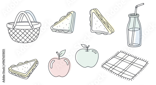 Picnic Basket with Food and Drink Illustration.