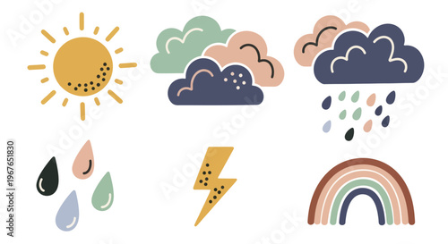 Set of cute weather icons in a playful cartoon style.