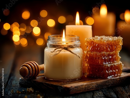 Aromatic beeswax candle glows next to fresh honeycomb and wooden dipper on rustic table with festive bokeh lights creating warm ambiance.