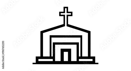 Minimalist church building icon with cross, simple outline architecture for faith and worship