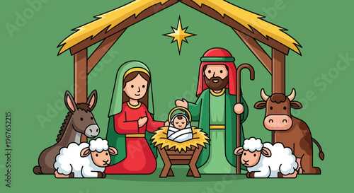 Nativity Scene Illustration: Baby Jesus, Mary, Joseph, Animals, Stable, Star