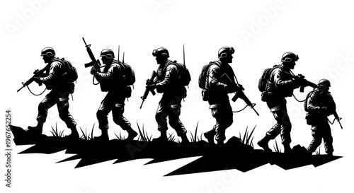 Silhouette Soldiers Marching with Rifles, Military Teamwork, Combat Mission