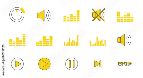 Yellow Audio Control Icons: Volume, Equalizer, Play, Pause, Skip