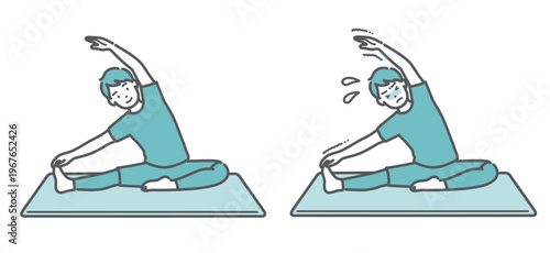 笑顔でストレッチをする男性と苦戦する男性の比較セットイラスト