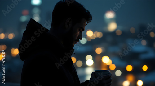 Young man silhouette profile holding coffee cup outdoors at night with blurred city lights background cinematic style