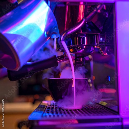 Steaming Coffee Preparation with Vibrant Neon Lighting.
