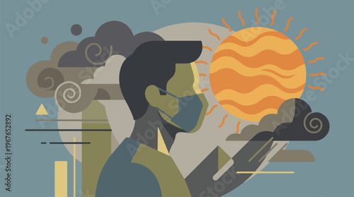 Climate change impact on health, person wearing mask with heatwave sun and pollution elements .eps