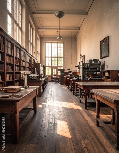Sunlit Vintage Library Interior with Wooden Tables and Bookshelves.