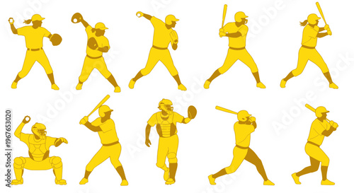 Baseball Players Silhouette Set: Action Poses, Yellow Uniforms, Isolated on White