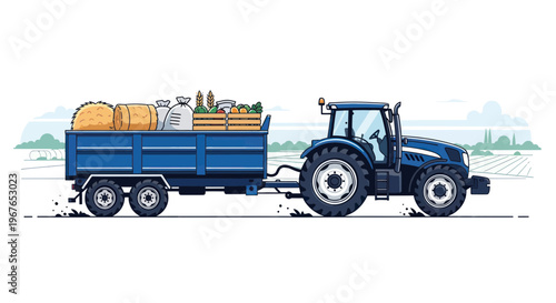 Blue tractor with loaded trailer on a farm, agriculture, harvest illustration