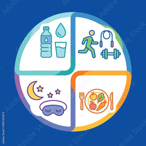Daily healthy routine colorful icons composition, exercise, water, sleep,.eps