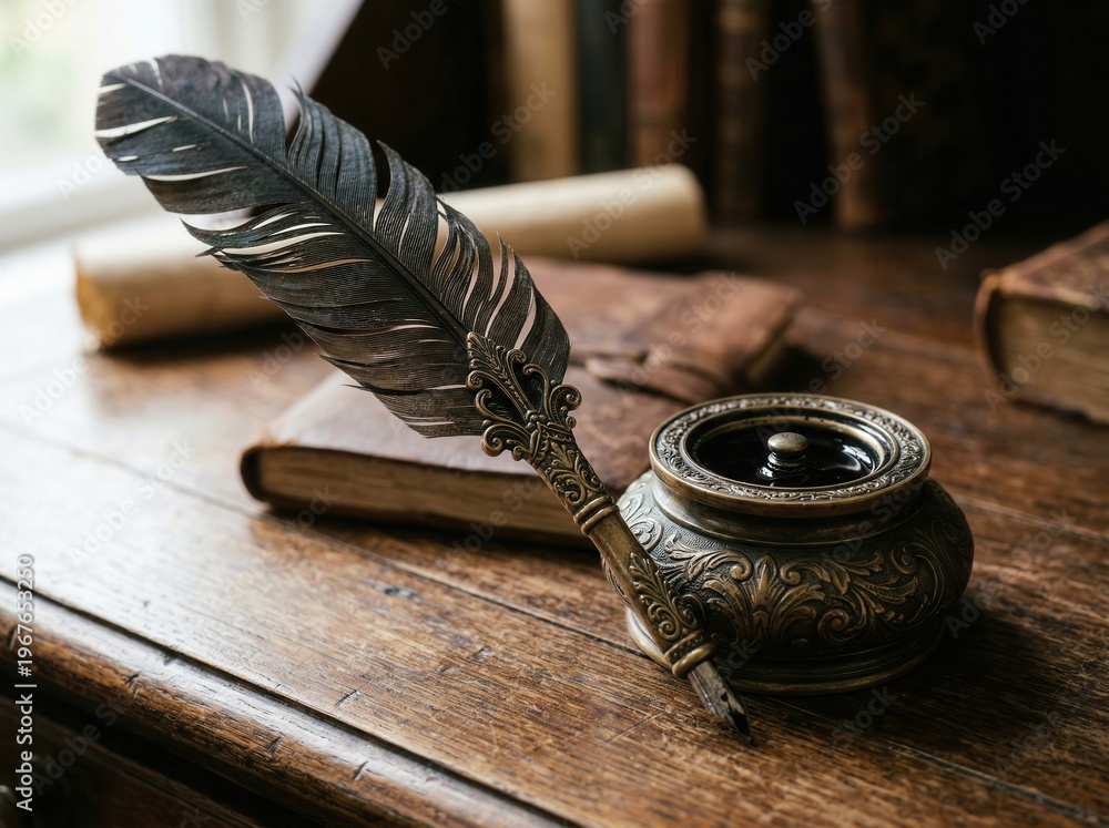 custom made wallpaper toronto digitalAntique quill pen and ornate inkwell on wooden desk with vintage books