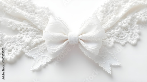 Elegant white lace ribbon bow centered on a minimalist white background, soft high key studio lighting, romantic wedding invitation style