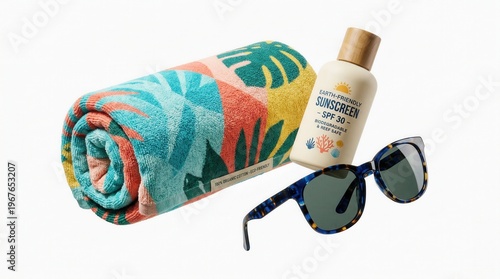 Wallpaper Mural Beach towel with sunscreen and sunglasses arranged on white background Torontodigital.ca