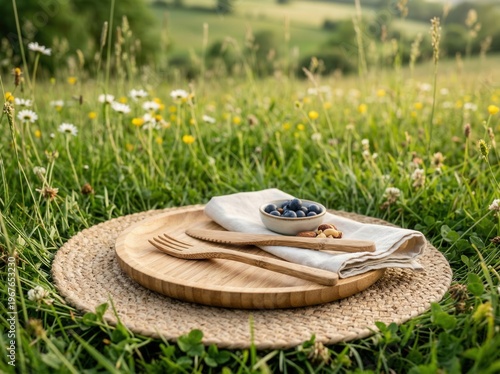 Wallpaper Mural Wooden tableware set on woven placemat in grassy meadow sunlit picnic scene Torontodigital.ca