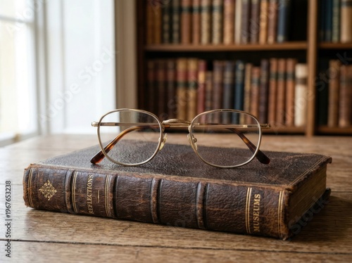 Wallpaper Mural Eyeglasses resting on antique leather book in quiet study with bookshelf Torontodigital.ca