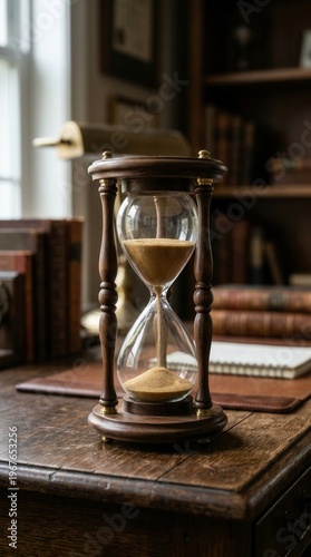 Wallpaper Mural Hourglass on wooden desk in vintage study with books and soft window light Torontodigital.ca