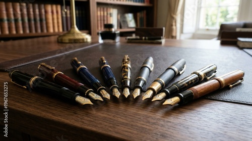 Wallpaper Mural Fountain pens arranged in fan formation on wooden desk with leather blotter Torontodigital.ca
