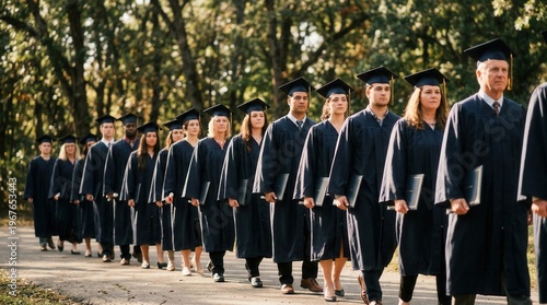 Graduates walking in procession outdoors wearing caps and gowns in line
