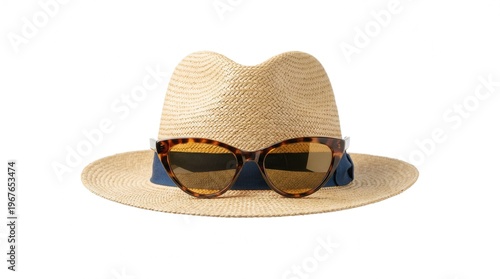 Wallpaper Mural Wide brim straw hat with sunglasses and navy ribbon on clean white background Torontodigital.ca