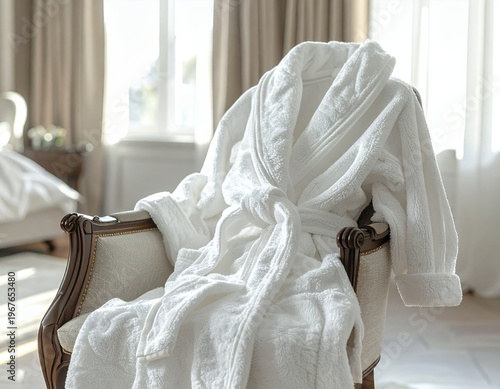 White bathrobe draped over a classic chair in a bright, elegant hotel room, bathed in natural light.