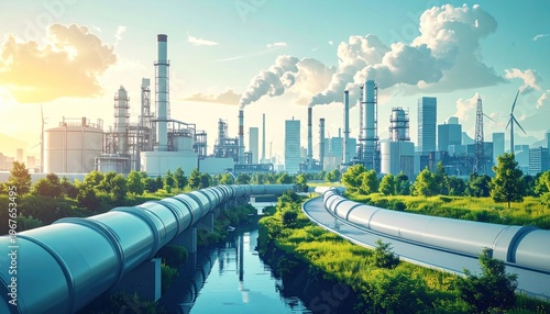 Industrial landscape with pipelines, city skyline, and green spaces, balanced with nature