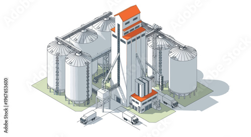 Isometric view of a modern grain elevator and storage facility.
