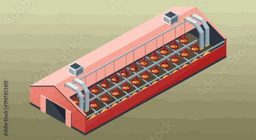 Isometric View of a Modern Industrial Chicken Farm Building with Ventilation System.