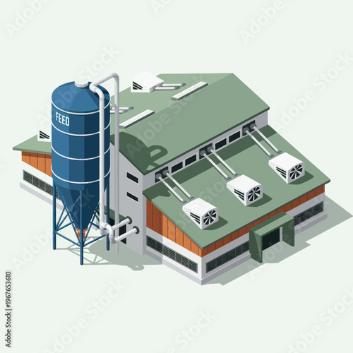 Isometric View of a Modern Industrial Feed Mill Building with Silo.