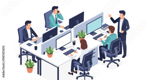 Isometric view of a modern open-plan office with business people working at their desks.