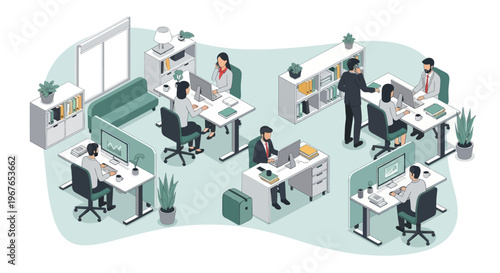 Isometric view of a modern open-plan office with business people working.