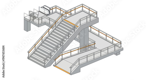 Isometric view of a modern pedestrian overpass with stairs and ramps.