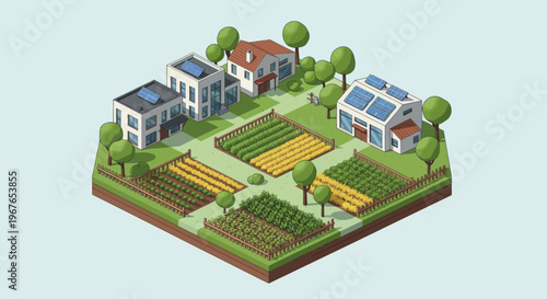 Isometric view of a sustainable community with houses and farms.