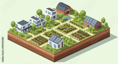 Isometric View of a Sustainable Farm with Modern Houses and Solar Panels.