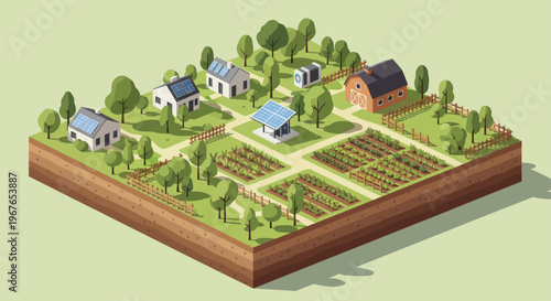 Isometric View of a Sustainable Rural Community with Solar-Powered Homes and Farmland.