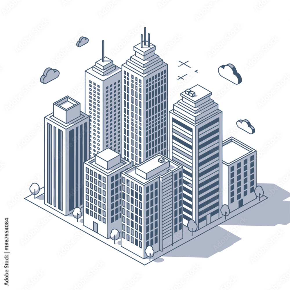 Fototapeta premium Isometric View of Modern Cityscape with Tall Skyscrapers and Clouds.