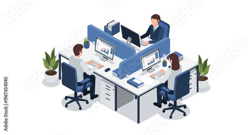 Isometric view of an open-plan office with three employees working at their desks.