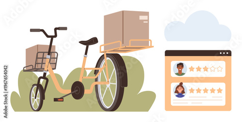 Last-mile delivery, logistics, e-commerce ratings, customer satisfaction, sustainable transport, delivery apps. Tricycle carrying boxes and customer review interface. Last-mile delivery and logistics