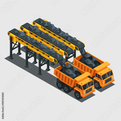 Isometric view of coal mining operation with conveyor belts and dump trucks.