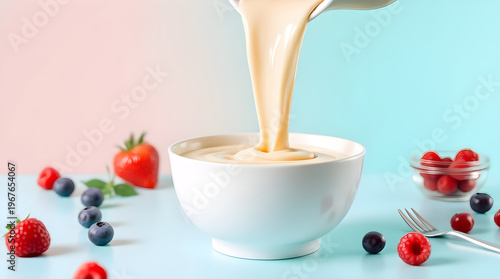 Creamy yogurt pouring into a white bowl with fresh mixed berries on a soft pastel background, professional studio lighting, vibrant commercial food photography